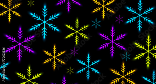 Colorful neon glowing snowflakes winter abstract background. Christmas and New Year vector design
