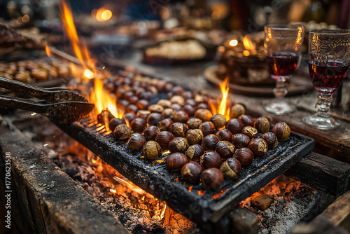 Close-up of roasted chestnuts on an open fire during the Magosto Festival in León, Spain. Hands turning chestnuts with metal tools, sparks flying