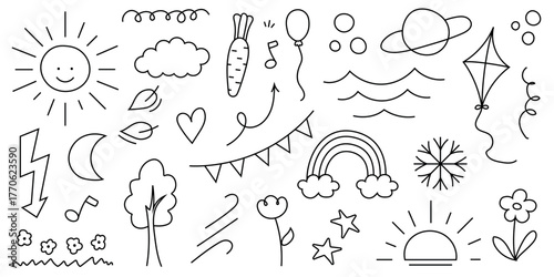 Children drawings set. Kids doodle. Set of simple doodle elements for children's design, icons.