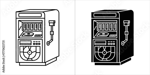 Line art and silhouette of a jukebox with records and buttons