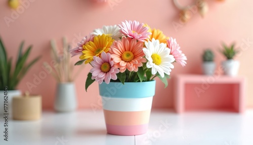 Wallpaper Mural Bright daisies fill pastel pot on white table creating cheerful home decor. Arrangement offers vibrant color, natural beauty within minimalist setting. Still life image perfect for interior design Torontodigital.ca