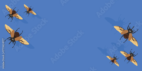 Horn beetle template background. Rhinoceros beetle banner. Copy space and negative space