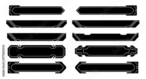 A versatile set of futuristic black and white vector graphics for creating sci-fi lower thirds, techwear stream overlays, and dynamic gaming HUD panels.