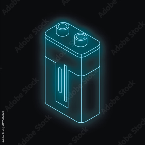 Neon battery icon glowing on a dark background, symbolizing portable power and energy storage solutions