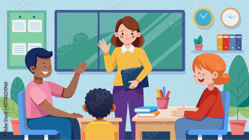 Teacher interacting with happy students in a colorful classroom with books, chalkboard and learning materials