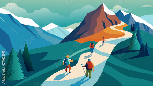 Group of hikers walking along a winding mountain trail with snow-capped peaks, pine trees and scenic landscape