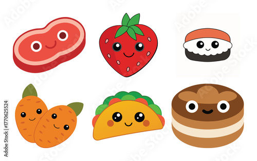 Collection of cute kawaii food characters including steak, strawberry, sushi, pineapple, taco, and macaron