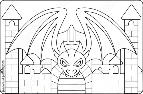 Mighty Cartoon Dragon with Spreading Wings and Sharp Teeth Guarding a Medieval Castle Gate
