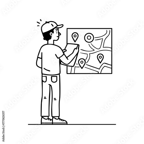 Young man reviewing a city map to plan an efficient delivery route with marked locations.