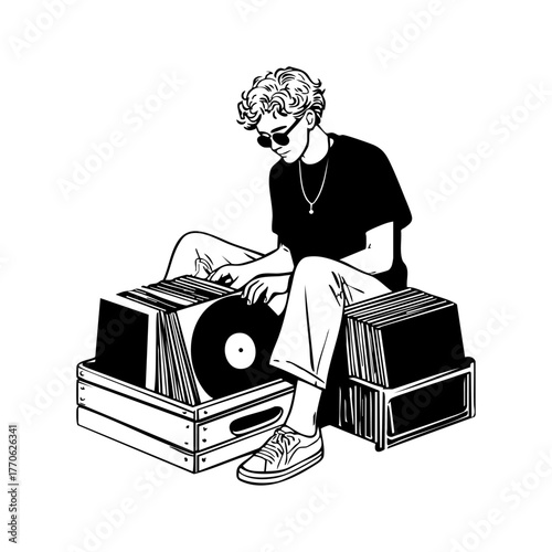 Young man sitting on the floor flipping through vinyl records represents nostalgia, music collecting, and retro lifestyle culture.