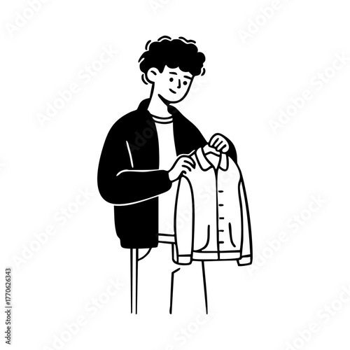 Young man examining a vintage shirt represents thrift shopping, sustainable fashion, and conscious consumerism.