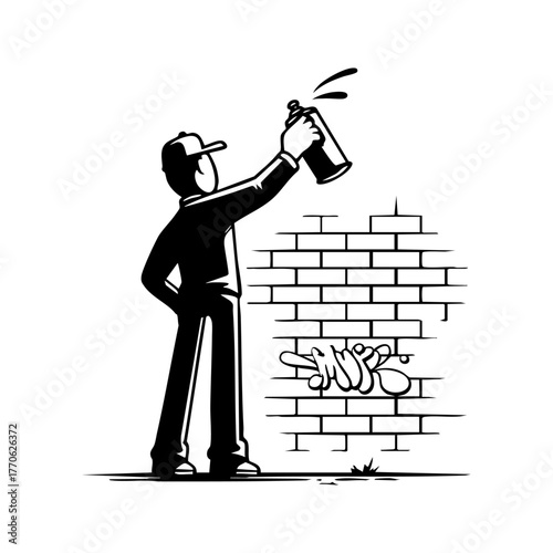 Graffiti artist painting on a brick wall represents urban creativity, street expression, and contemporary youth art culture.