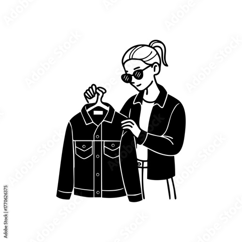 Woman inspecting a denim jacket represents thrifting, sustainable fashion, and conscious buying choices among young adults.
