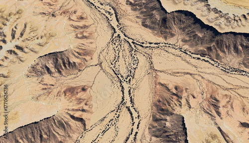 Aerial view of a dried-up riverbed in the desert of Saudi Arabia August 2025
