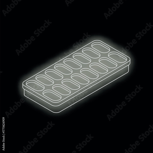 White glowing outline of a blister pack containing pills or capsules, isolated on a black background