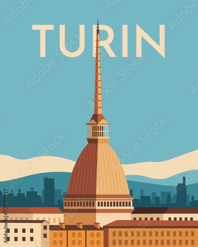 Turin skyline modern poster illustration in flat style. Business travel and tourism concept. Vector stock