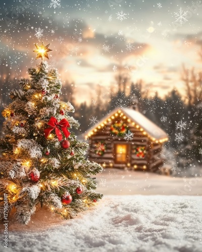 Warmly lit cabin and festive Christmas tree create a cozy holiday scene in a snowy landscape
