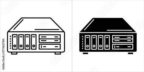 Two icons of a network attached storage device with multiple bays, one in outline and one in solid black