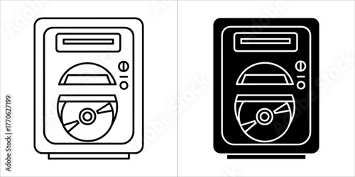 Two icons representing a cd player or drive, one in outline and one in solid black