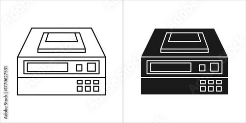 Black and white outline and filled icons of a vcr machine