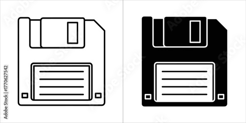Two icons of a floppy disk, one in outline and one in solid black