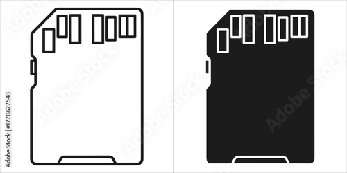 Two icons of an sd card, one in outline and one in solid black