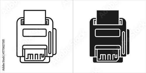 Black and white outline and filled icons of a receipt printer