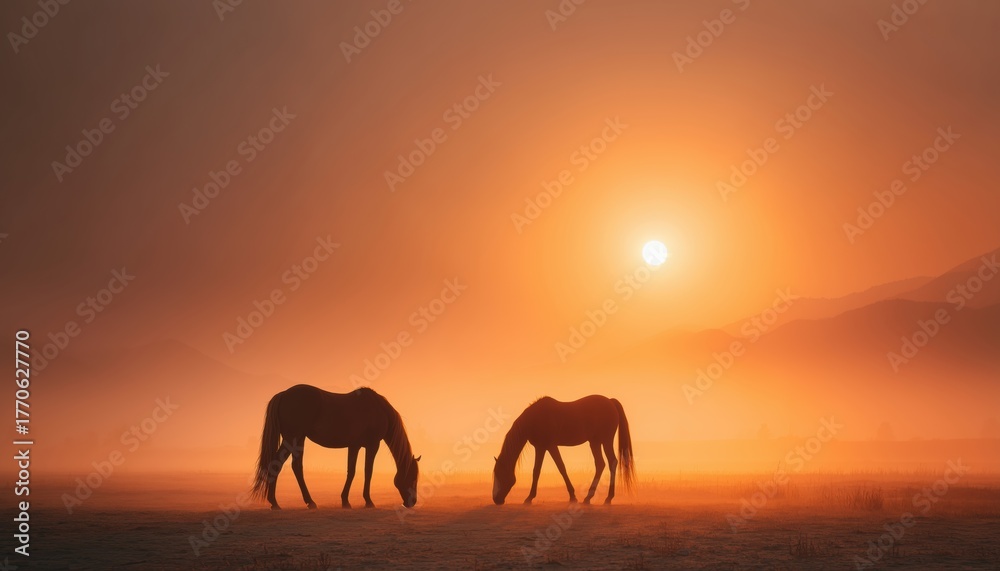 Fototapeta premium Stunning Scene Of Arabian Horses Grazing At Sundown In Orange Sunlight With Dramatic Fog In The Carpathian Mountains Of Ukraine. Beauty Of The World.