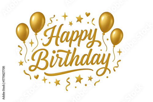 gold happy birthday text with balloons confetti stars and hearts festive celebration typography design illustration of party joy isolated on white background