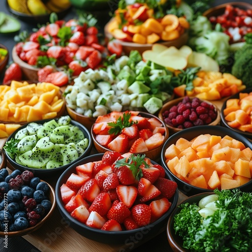 Various fruits and berries in plates