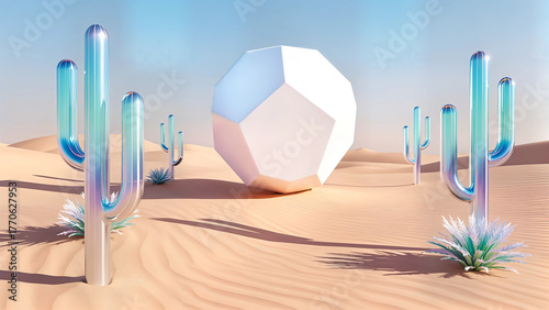Wallpaper Mural A sleek, minimalist landscape of a giant, luminescent octahedron hovering above a vast, untouched desert, casting intricate shadows on the sand. Surrounding it are holographic cacti that pulse with co Torontodigital.ca
