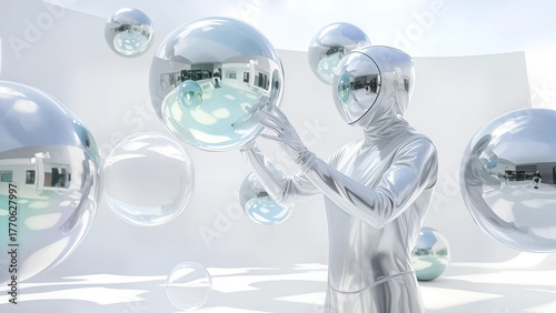 Wallpaper Mural A solitary figure in a pristine white environment, wearing a suit of shimmering liquid metal, interacts with crystalline orbs that refract light into a spectrum of colors. The scene combines minimalis Torontodigital.ca