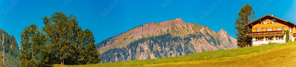 Fototapeta premium High resolution stitched panorama of an alpine summer landscape view near Schoppernau, Bregenz, Vorarlberg, Austria