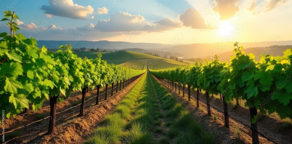 Naklejka premium Sun-drenched vineyard rows stretching to distant hills, vineyard, field