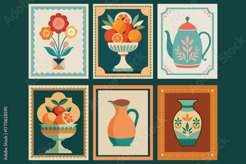 Collection of Six Retro Folk Art Posters - Flowers, Fruit, and Teapot Still Life Vector