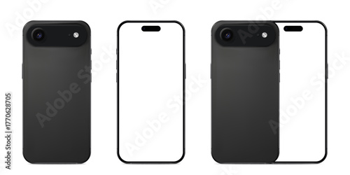 Mobile Phone Mockups Displaying Blank Screen on Black Back and Side Views