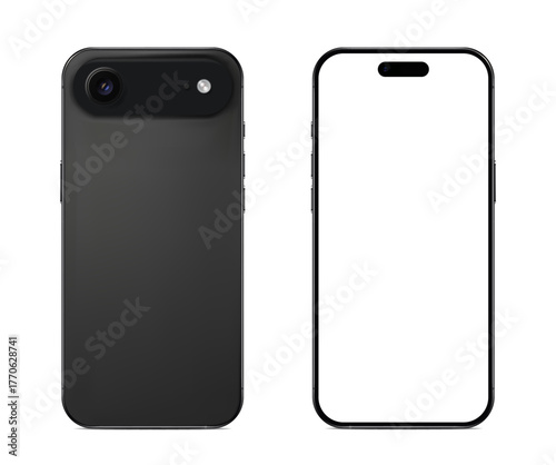 Two black phones showcasing front blank screen and back view isolated on white