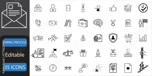 Hiring Process glyph icon set Resume, Interview, Checklist, Offer Letter, Candidate, Approval, Onboarding, Application, Contract, Selection Vgoods and more. Editable stroke. 
