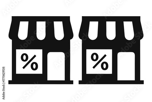 Shop window with discount signs silhouette vector illustration, isolated on white background