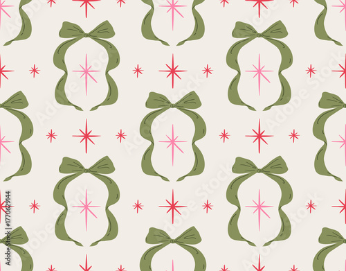 Hand drawn Christmas seamless pattern with bows and gift ribbons. Colorful vintage background with hand drawn bowknots. Trendy design for print, packaging, wrapping paper, fabric, wallpaper