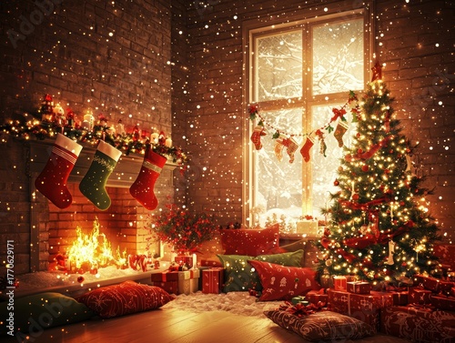 Cozy Christmas living room with snow outside and a decorated tree near the fireplace