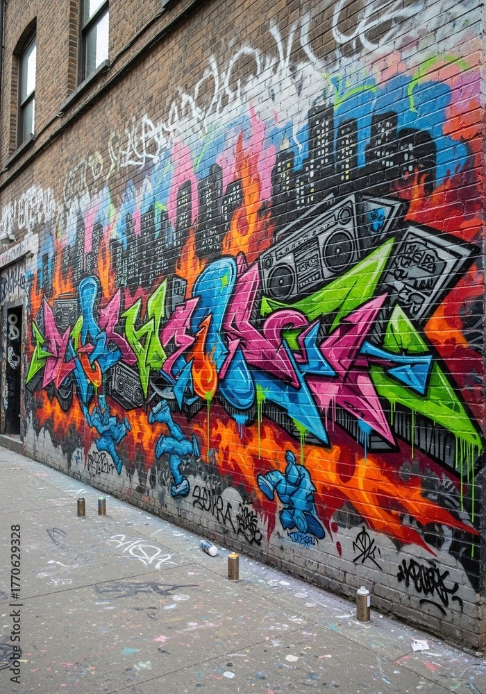 Fototapeta premium Vibrant graffiti art on brick wall expressing urban culture and city nightlife scene