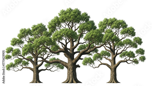 Illustration of three mature trees with lush green foliage for nature landscape design and scenic environment