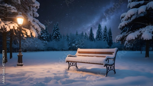 Enchanting winter night scene with a snow-covered park bench, glowing street lamp, and a majestic starry sky. Frosty trees create a peaceful, cozy ambiance, perfect for Christmas holiday aesthetics
