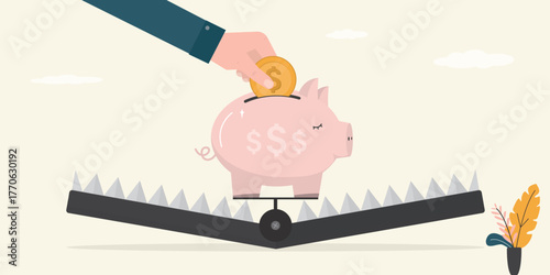 Businessman hand insert money in piggy bank into animal trap. Bait for investors, fake profit. Unattainable positive result in banking or trading.