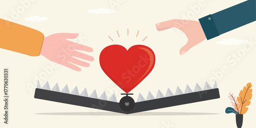 Male and female hands trying to catch giant heart in trap. Animal trap with heart as bait. mousetrap with bait love heart. Online dating, relationship, deception problems.