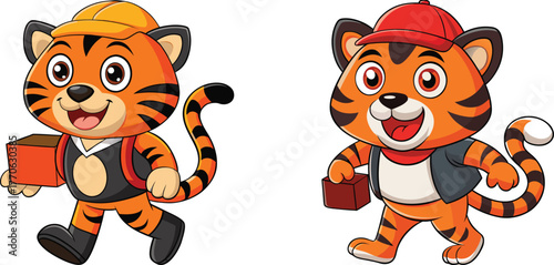 Happy Tiger Mascot in Delivery Uniform Flat Vector Illustration for Courier, Shipping, and Logistics Design