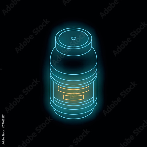 Glowing neon medicine bottle on black background, representing healthcare, pharmaceuticals, and wellness