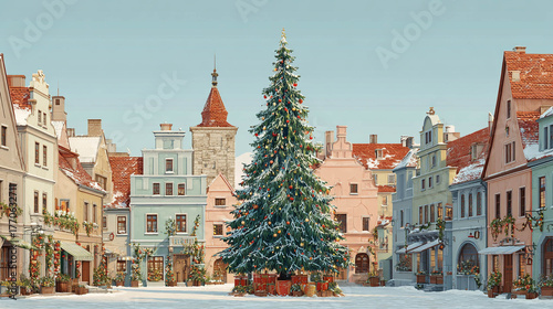 A large Christmas tree illustration set in the center of a charming European village decorated for the holidays