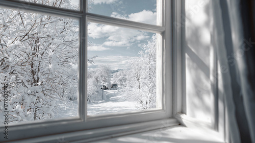 A close-up of a bright white window framing a snowy winter landscape
